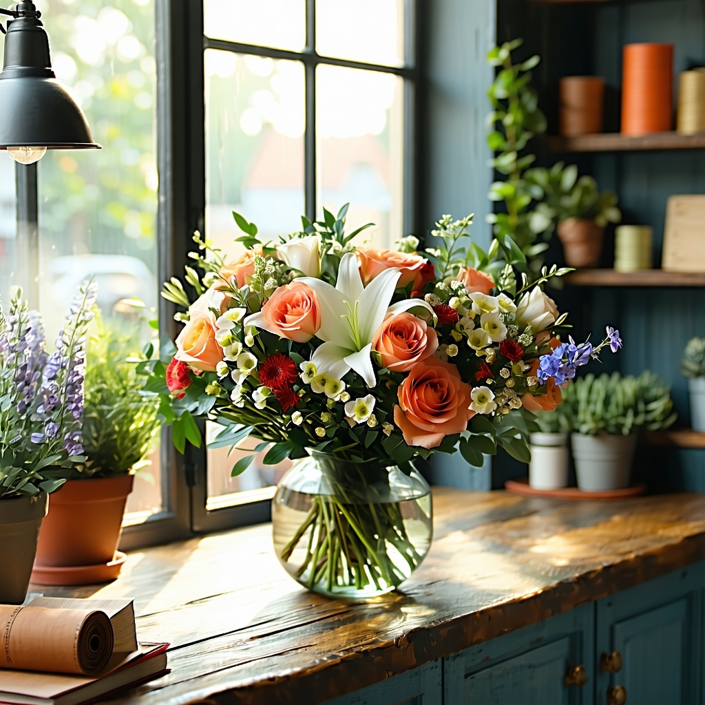 A beautifully arranged floral bouquet on a rustic wooden counter surrounded by soft natural light streaming through a nearby window The bouquet includes roses lilies and wildflowers in warm cheerful tones In the blurred background subtle hints of a c-1