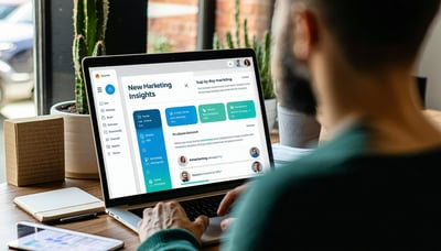 Newsletter signup illustration showing a business owner reviewing digital marketing insights on a laptop