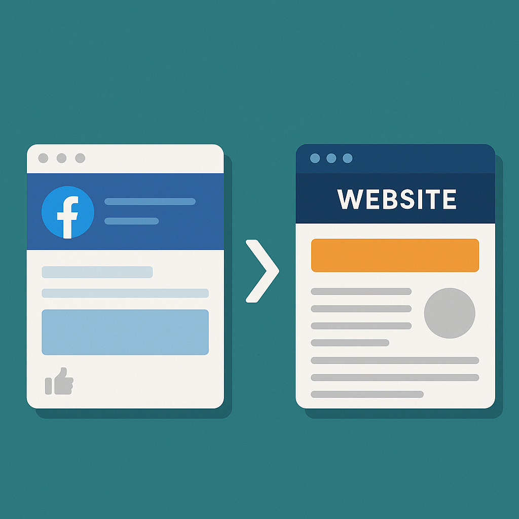 Illustration comparing a Facebook page to a professional website, symbolizing the transition from social media presence to full online ownership.